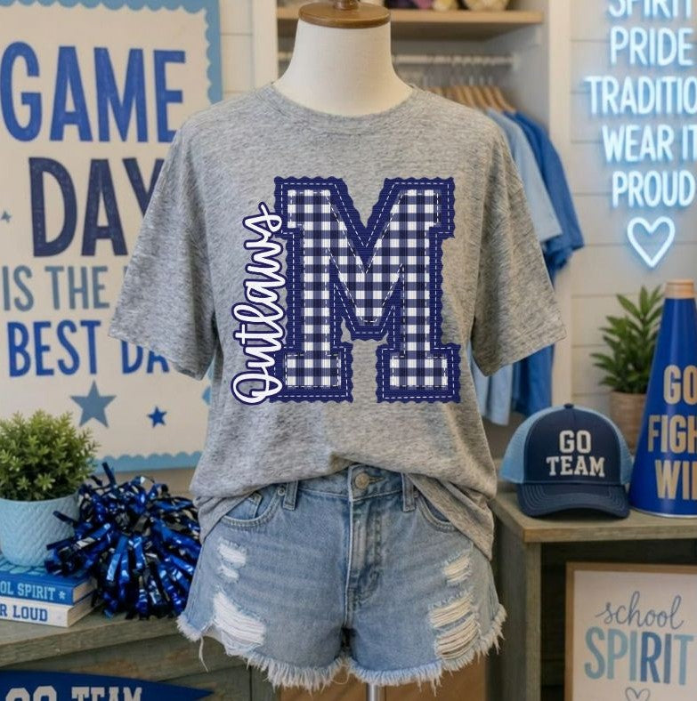 Outlaws - Navy Letter M gingham (Letterman Stitch Mascot) - DTF
