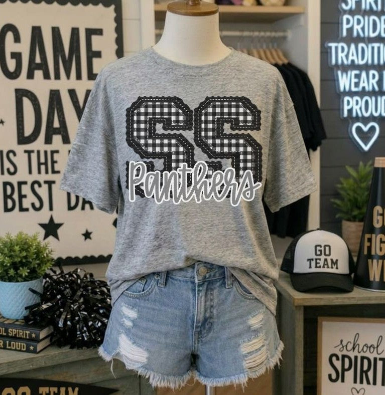 Panthers - Gray/Black Letter SS gingham (Letterman Stitch Mascot) - DTF