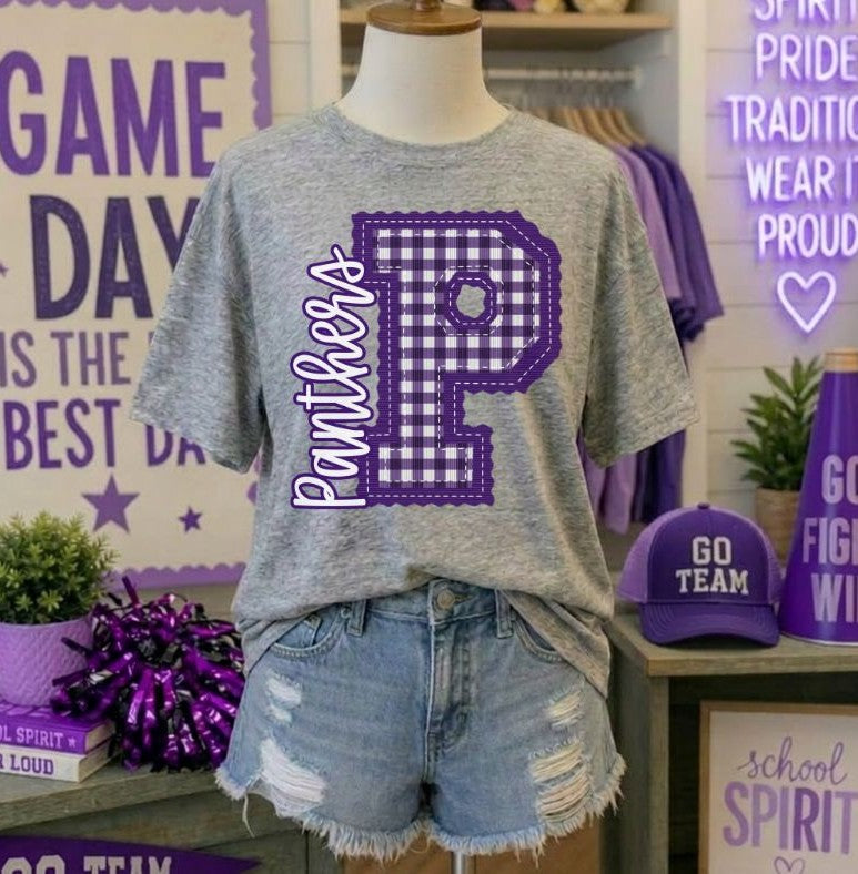 Panthers - Purple Letter P gingham (Letterman Stitch Mascot) - DTF