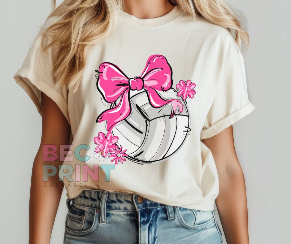 Play Ball Floral Bow - Pink (Volleyball) - DTF
