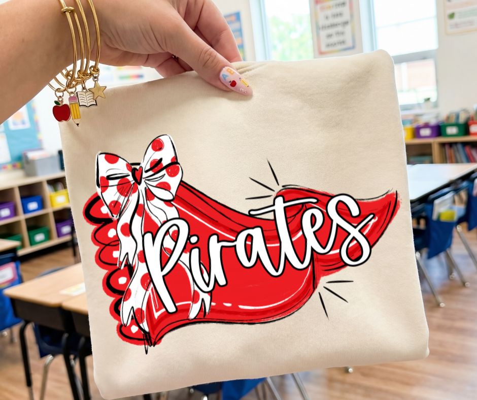 Pirates - Red/White (Scalloped Pennant Bow Accent Mascot) - DTF