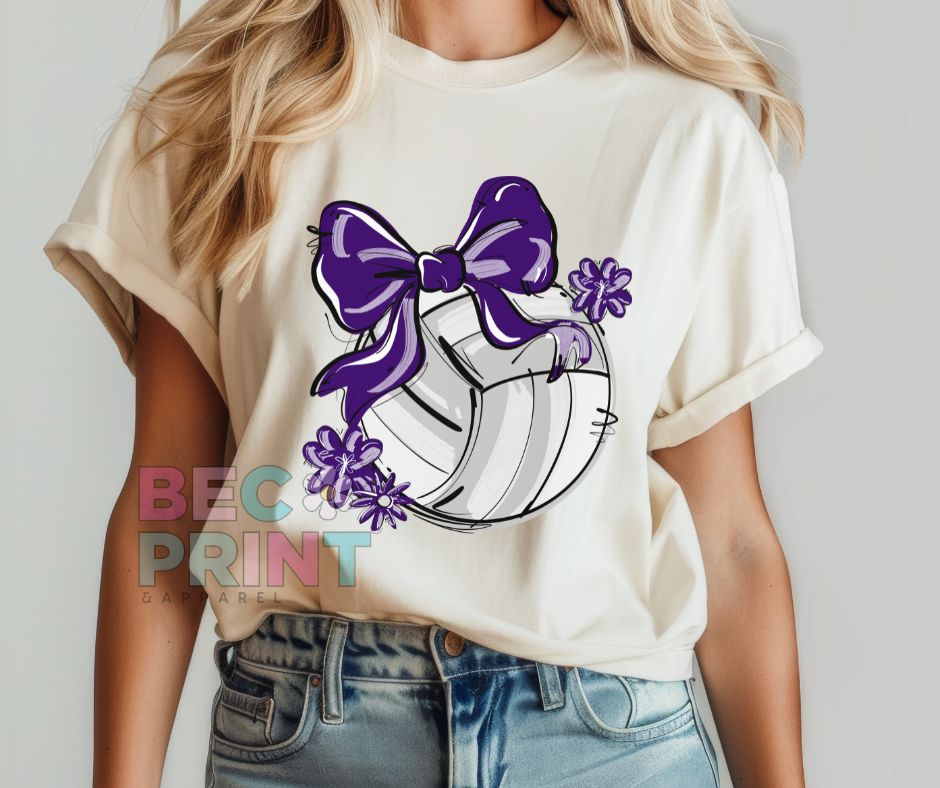 Play Ball Floral Bow - Purple (Volleyball) - DTF