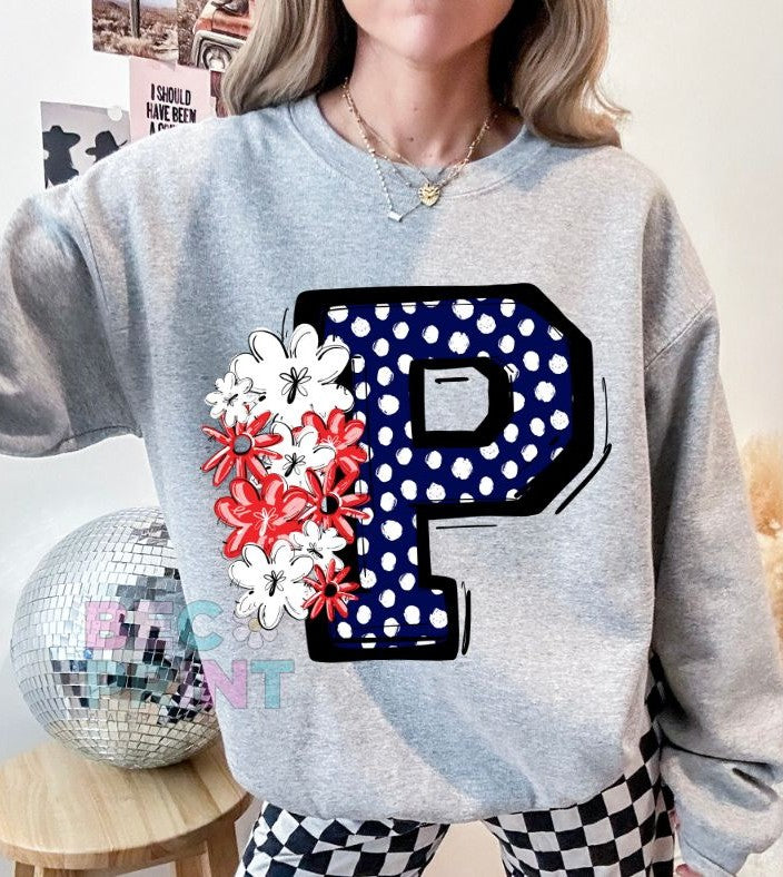 P - Navy w/red flowers (Dotty Mascot Initial) - DTF