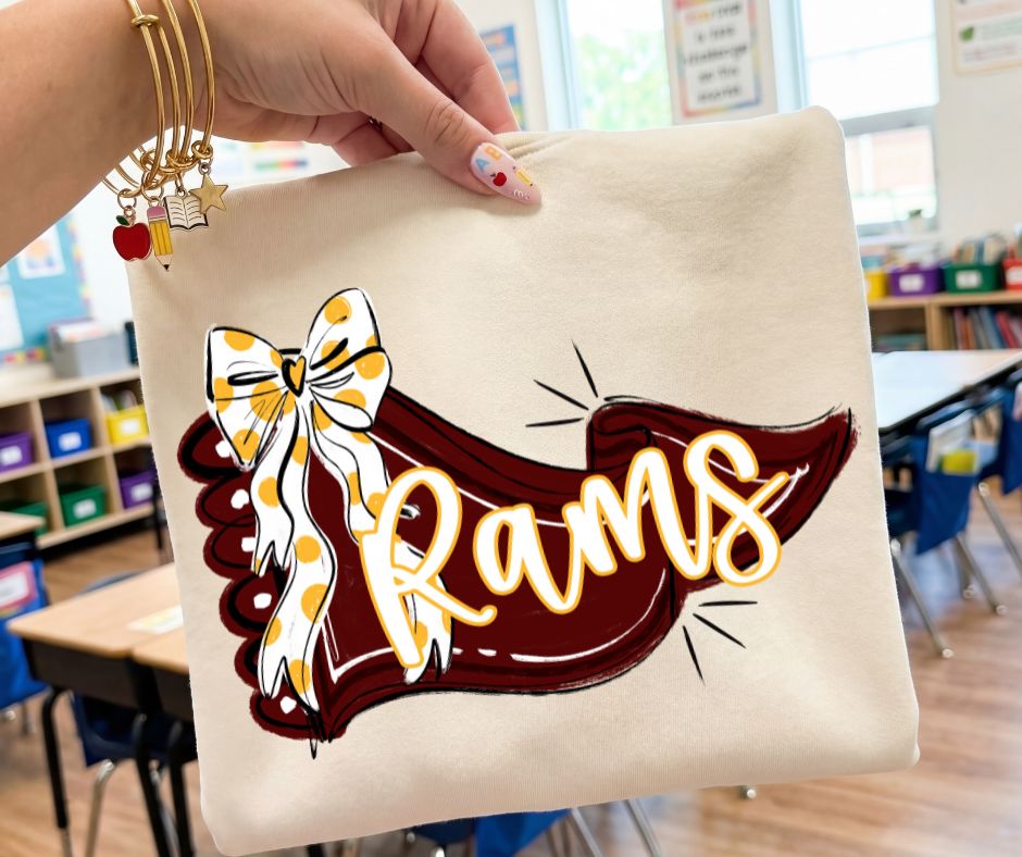 Rams - Maroon/Yellow Gold (Scalloped Pennant Bow Accent Mascot) - DTF