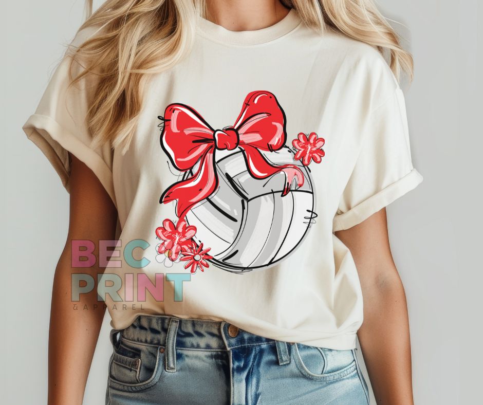 Play Ball Floral Bow - Red (Volleyball) - DTF