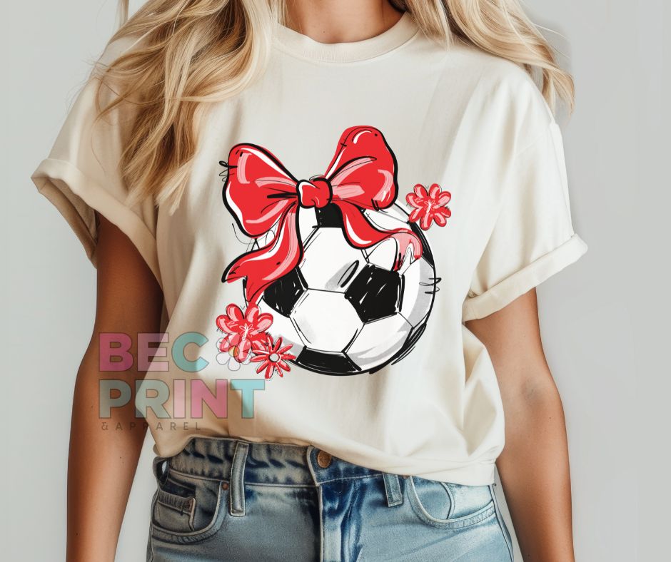 Play Ball Floral Bow - Red (Soccer) - DTF