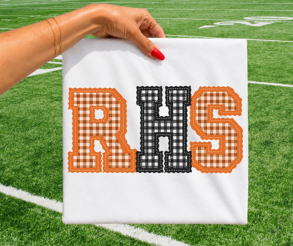 RHS - Orange/Black gingham (Letterman Stitch School Letters) - DTF