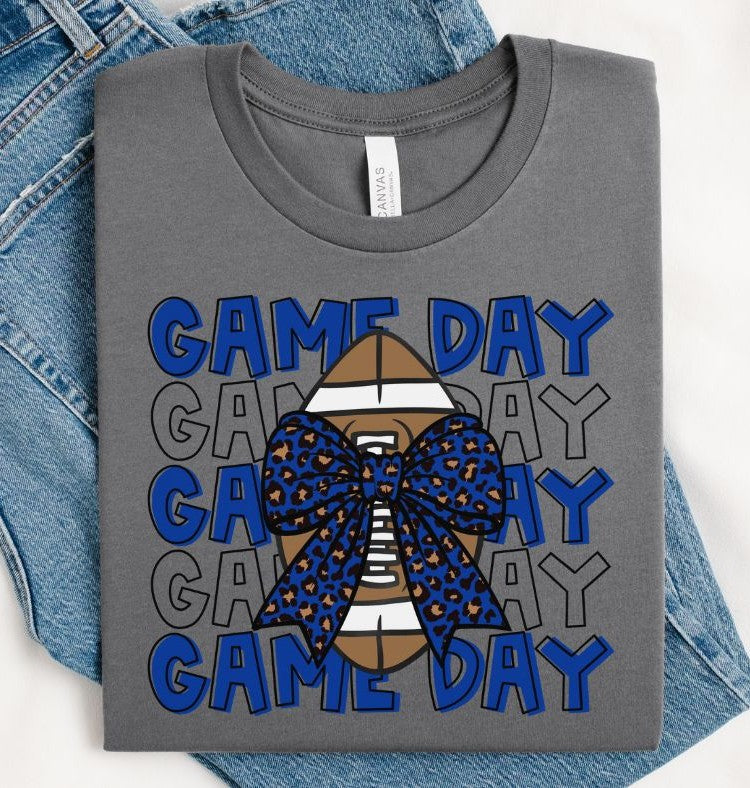 Game Day Football (Royal Blue with Leopard Bow) - DTF