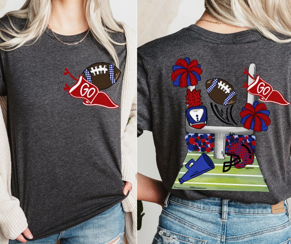 Football Pennant and Stadium - Red/Royal Blue (2-in-1 (front pocket/back design) - DTF