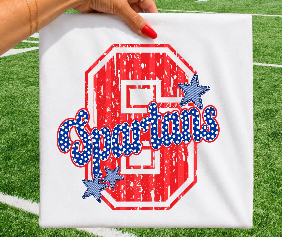 Spartans - Red/Royal Blue (Varsity Stripes & Dots Mascot) - DTF