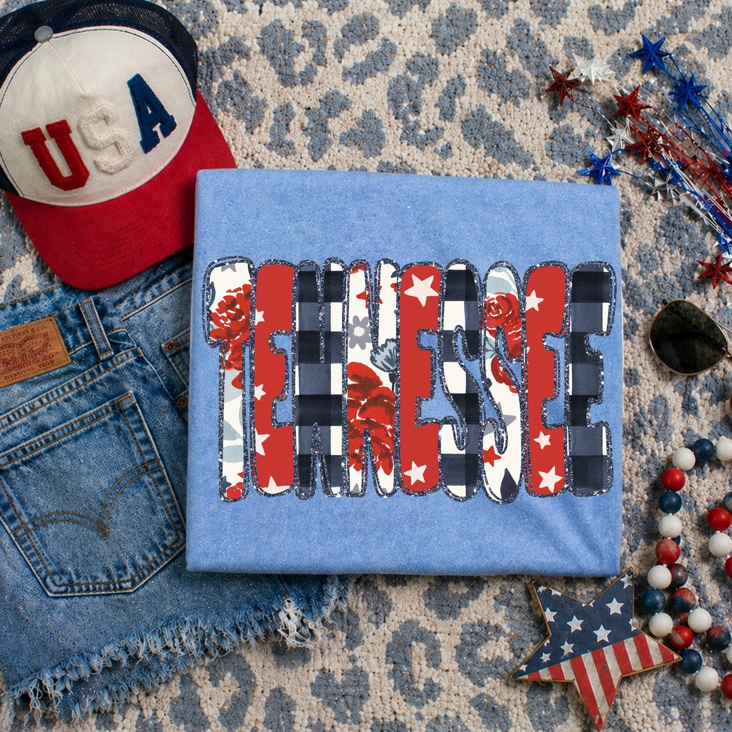 Tennessee (Glitter Floral Gingham and Stars Patriotic State) - DTF