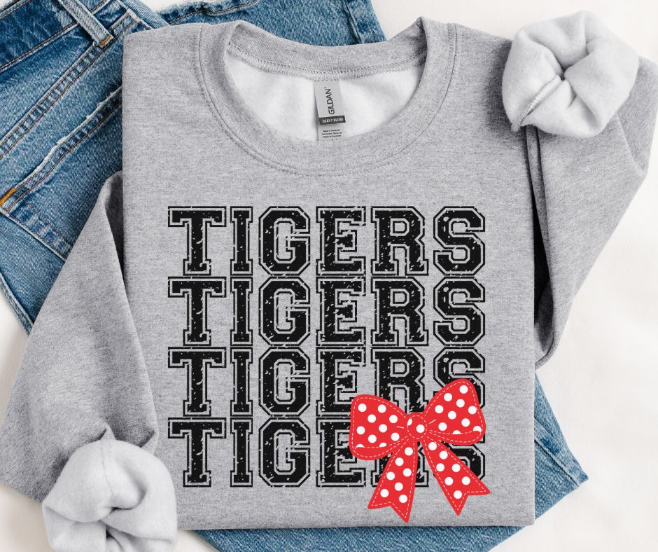 Tigers - Black/Red (Distressed Stacked Mascot Bow) - DTF