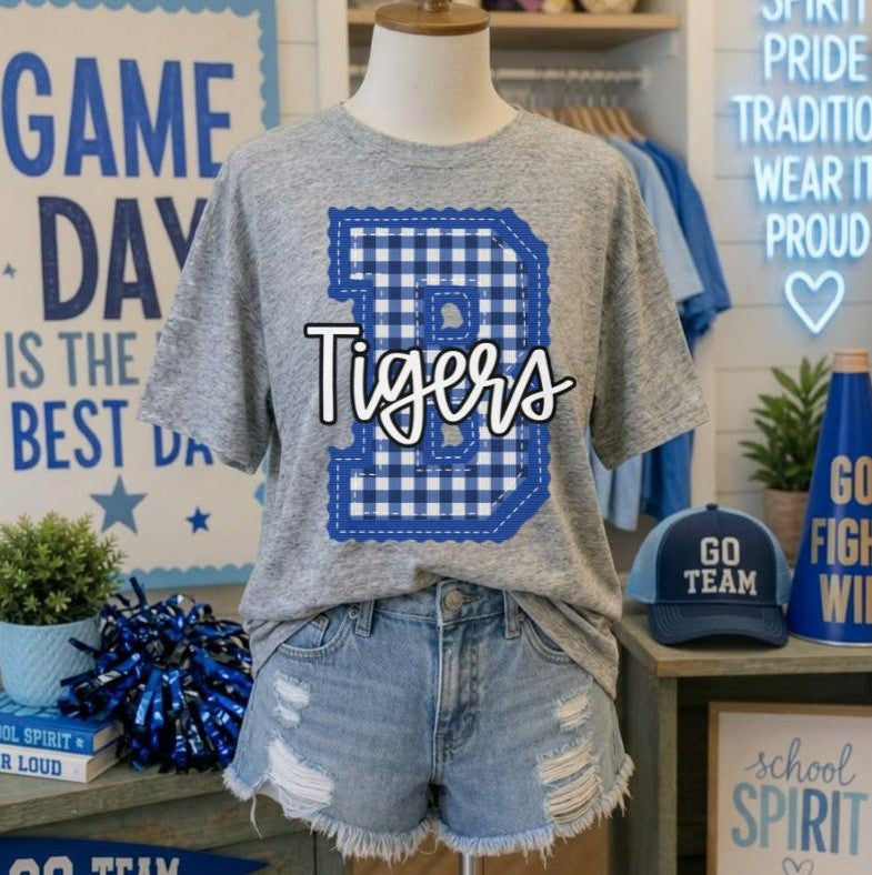 Tigers - Royal Blue Letter B gingham (Letterman Stitch Mascot) - DTF