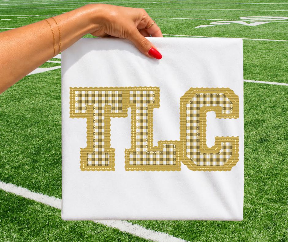 TLC - Vegas Gold gingham (Letterman Stitch School Letters) - DTF