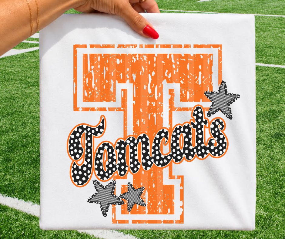 Tomcats - Orange/Black (Varsity Stripes & Dots Mascot) - DTF