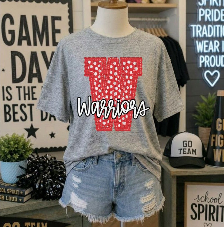 Warriors - Red/Black Letter W dots (Letterman Stitch Mascot) - DTF