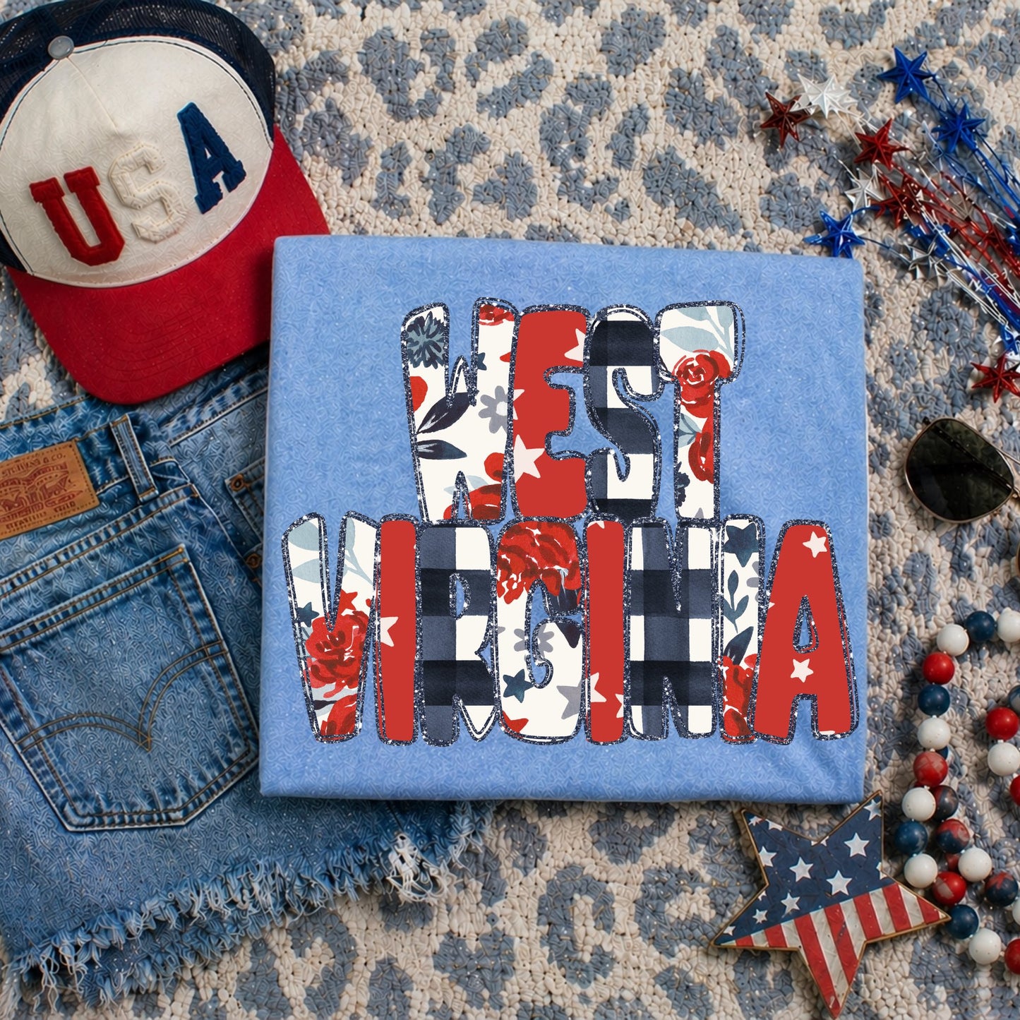 West Virginia (Glitter Floral Gingham and Stars Patriotic State) - DTF
