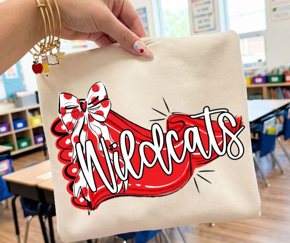 Wildcats - Red/White (Scalloped Pennant Bow Accent Mascot) - DTF