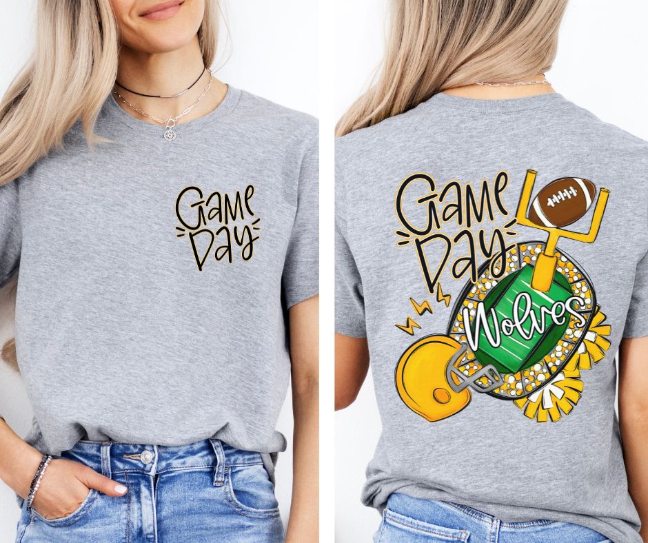 Wolves - Yellow Gold (Game Day Football Field Mascot 2-in-1 front/back design) - DTF (Copy)