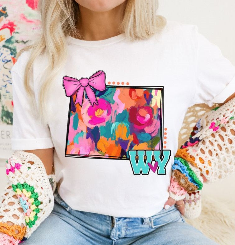 WY (Watercolor State Abbrev. w/Pink Bow - coquette) - DTF