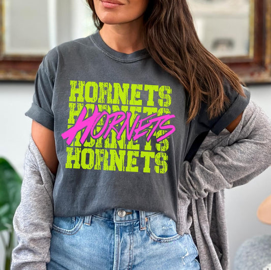 Hornets (bright yellow/pink stacked mascot) - DTF