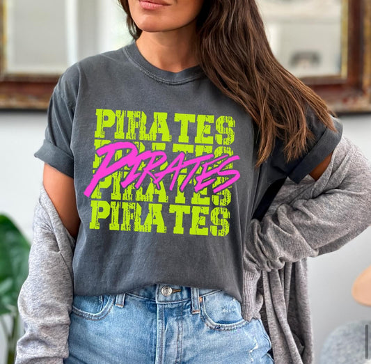 Pirates (bright yellow/pink stacked mascot) - DTF