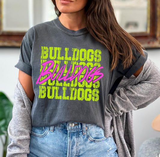 Bulldogs (bright yellow/pink stacked mascot) - DTF