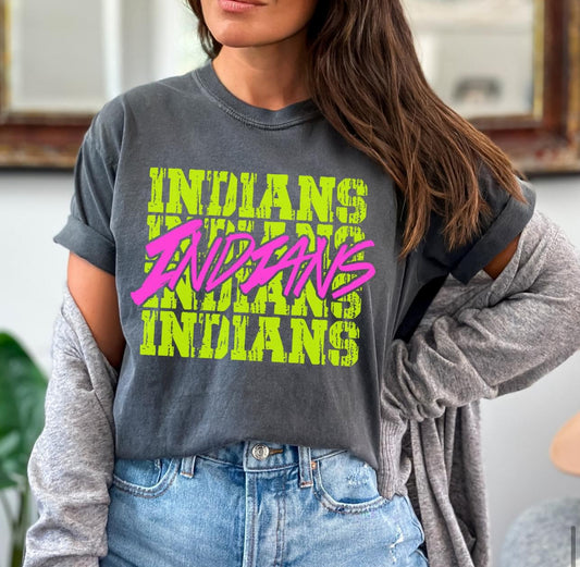 Indians (bright yellow/pink stacked mascot) - DTF