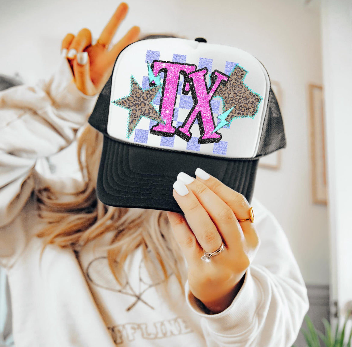 TX (Retro Leopard Checkered Glitter Stitched State Abbreviation)  - DTF