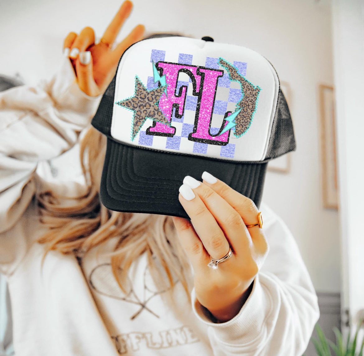 FL (Retro Leopard Checkered Glitter Stitched State Abbreviation)  - DTF