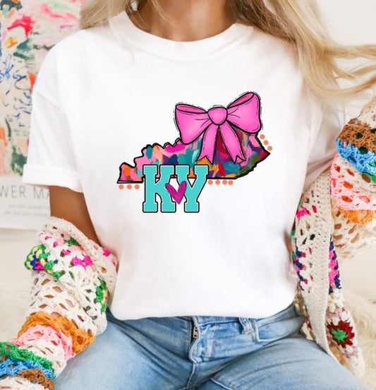 KY (Watercolor State Abbrev. w/Pink Bow - coquette)  - DTF