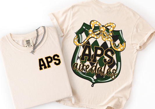 Airedales - APS/Dark Green/Yellow Gold/Bow (School Crest Mascots 2-in-1 front/back) - DTF