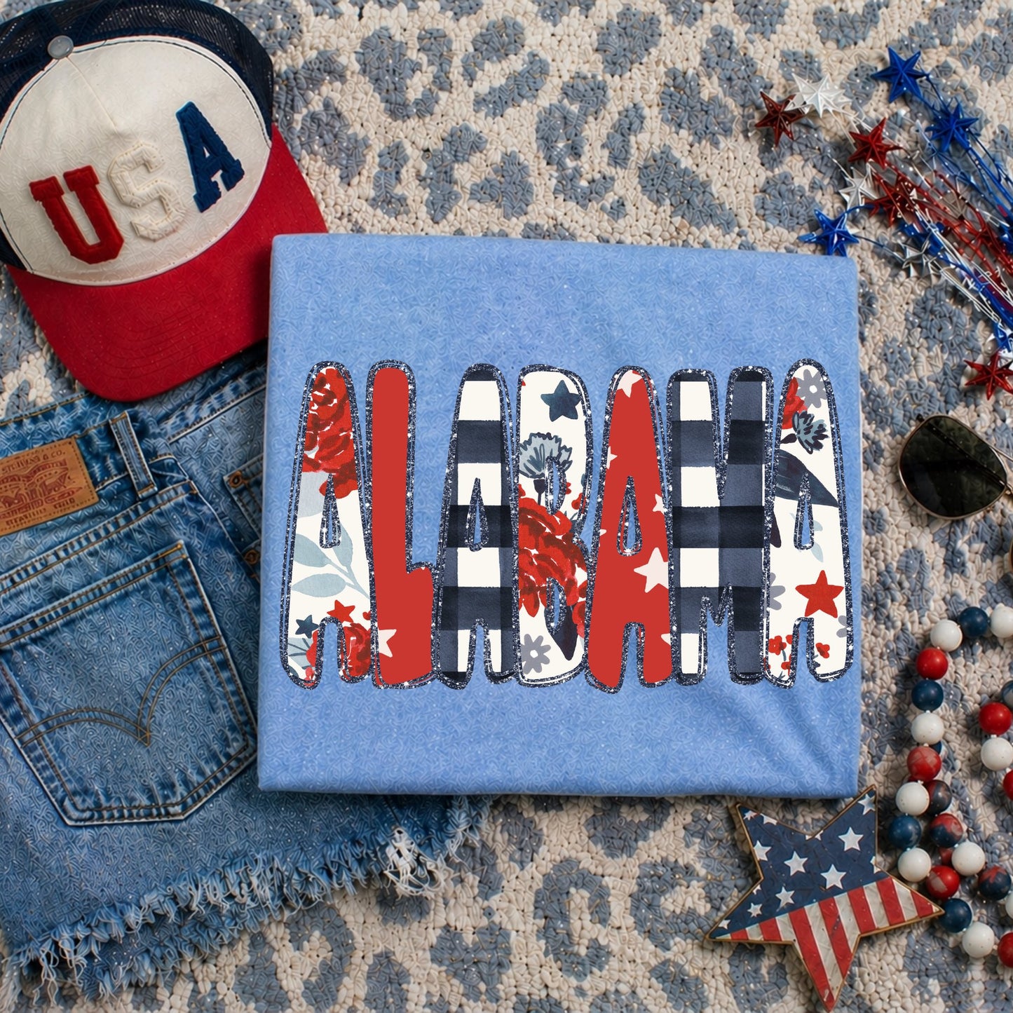 Alabama (Glitter Floral Gingham and Stars Patriotic State) - DTF