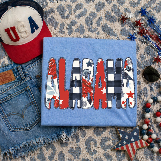 Alabama (Glitter Floral Gingham and Stars Patriotic State) - DTF