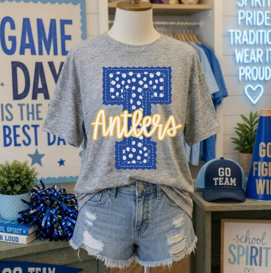 Antlers - Royal Blue/Yellow Gold Letter T dots (Letterman Stitch Mascot) - DTF