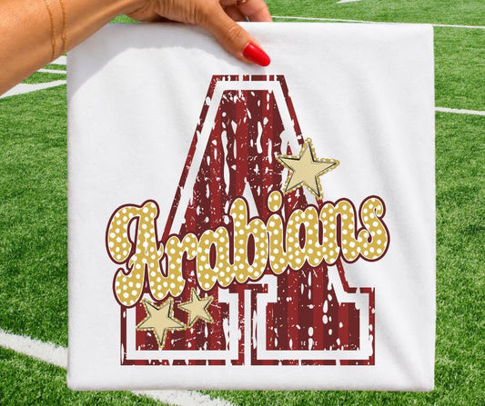 Arabians - Maroon/Vegas Gold (Varsity Stripes & Dots Mascot) - DTF
