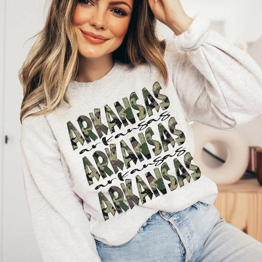 Arkansas (Camo Glitter Stacked State) - DTF
