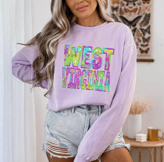 West Virginia (colorful Tie Dye faux sequin embroidered look) - DTF