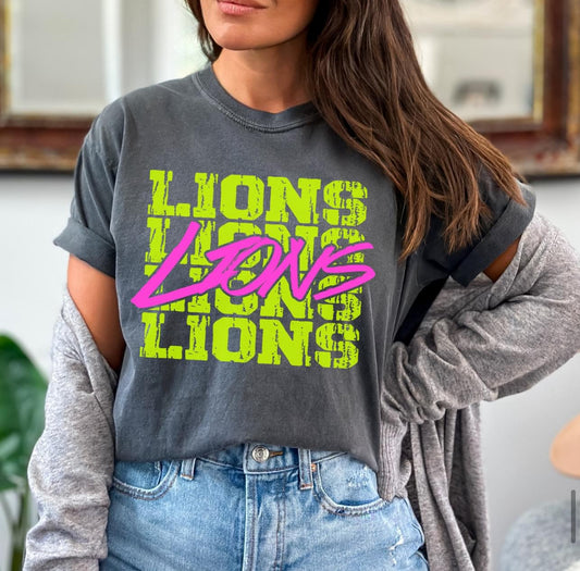 Lions (bright yellow/pink stacked mascot) - DTF