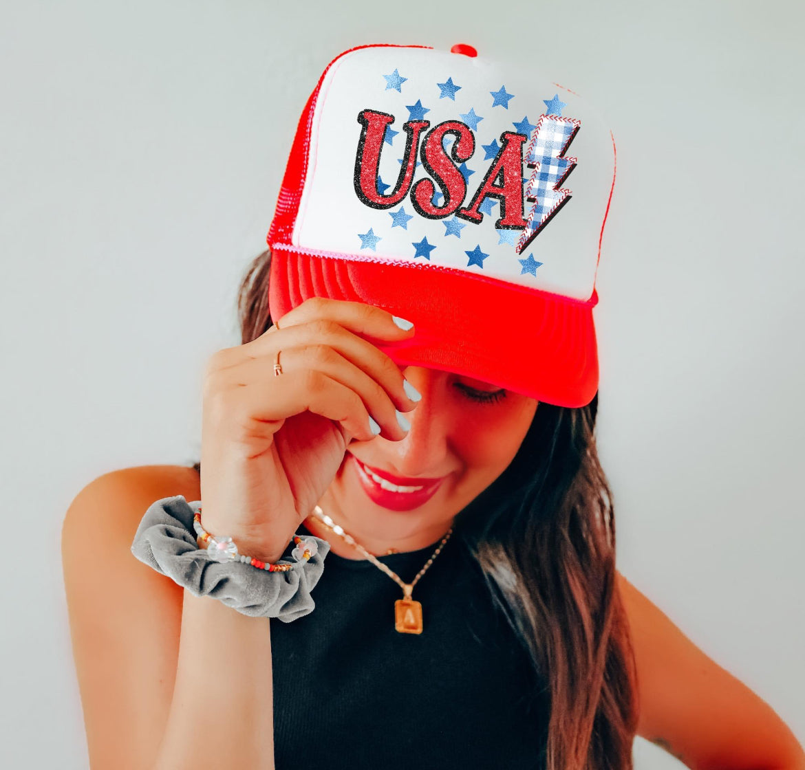 USA (Faux Glitter with Foil Stars and Gingham Bolt)  - DTF