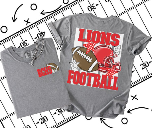 Lions - BCHS - Red/White (Football Stripes Mascot 2-in-1 front/back design) - DTF