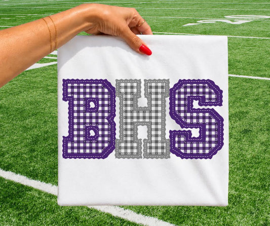 BHS - Purple/Grey gingham (Letterman Stitch School Letters) - DTF