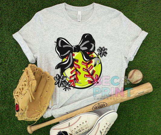 Play Ball Floral Bow - Black (Softball) - DTF