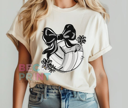Play Ball Floral Bow - Black (Volleyball) - DTF
