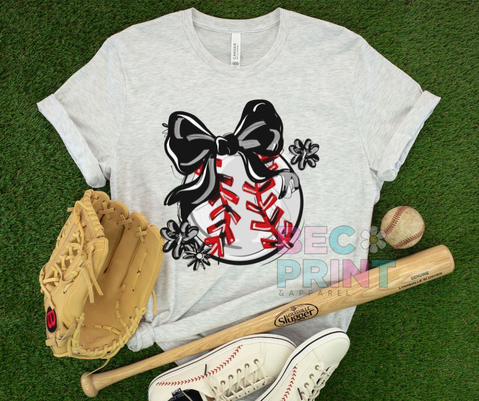 Play Ball Floral Bow - Black (Baseball) - DTF