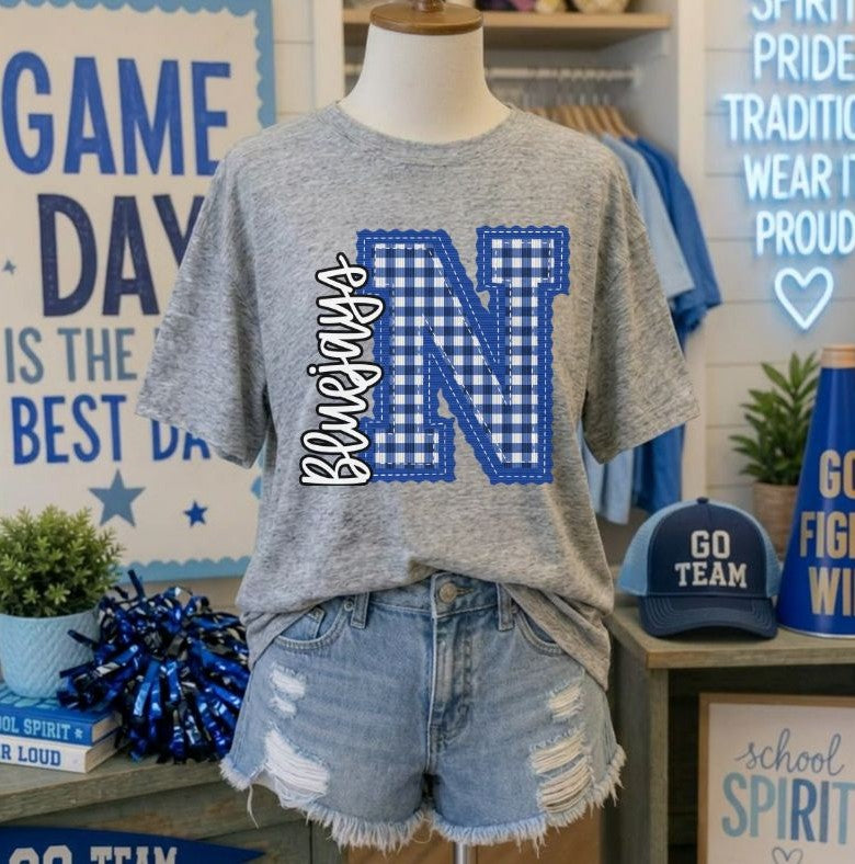 Bluejays - Royal Blue/Black Letter N gingham (Letterman Stitch Mascot) - DTF