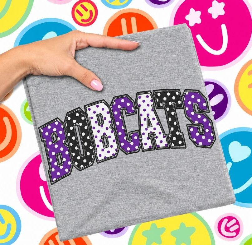 Bobcats - Purple/Black (Sketched Arch Polka Dot Mascots) - DTF
