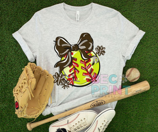 Play Ball Floral Bow - Brown (Softball) - DTF