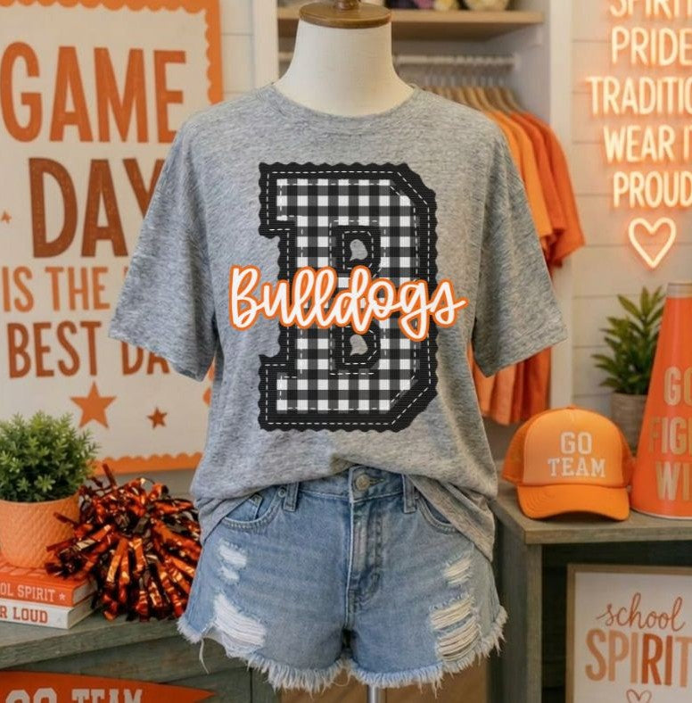 Bulldogs - Orange/Black Letter B gingham (Letterman Stitch Mascot) - DTF