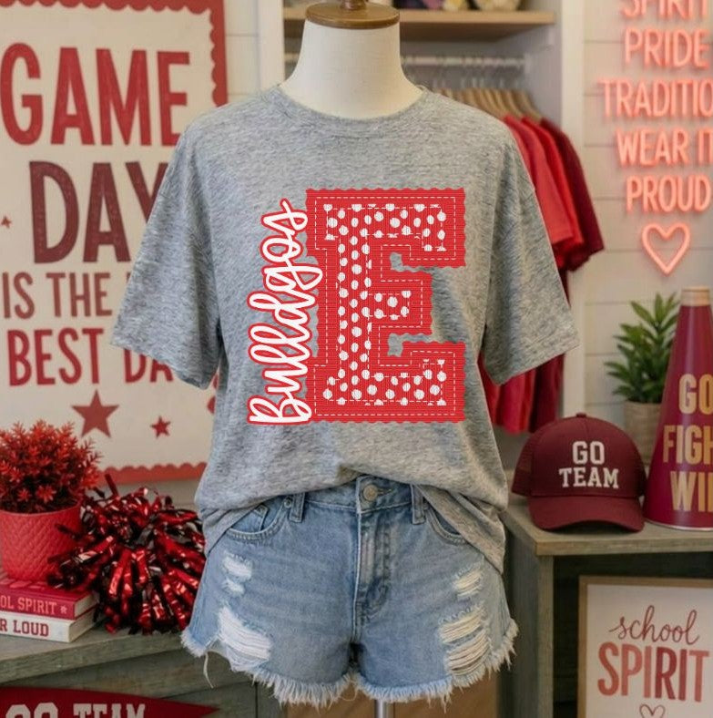 Bulldogs - Red Letter E dots (Letterman Stitch Mascot) - DTF